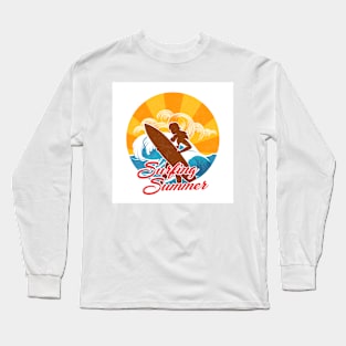 Surfer Girl Silhouette Retro Design Long Sleeve T-Shirt